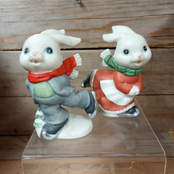 Pair of Skating Bunnies Christmas Figurines Homco Home Interior Holiday Decor - Picture 1 of 7